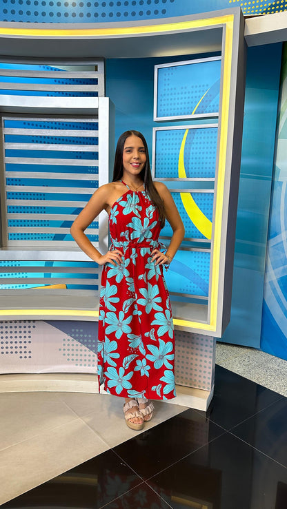 Vestido midi estampado floreado rojo azul cielo