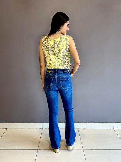 Blusa manga sisa dobladillo resortado estampado amarillo