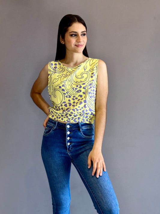 Blusa manga sisa dobladillo resortado estampado amarillo