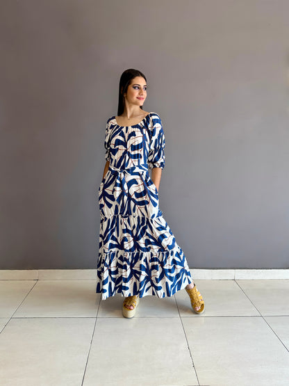 Vestido largo de boleros con escote resortado y cinturón estampado azul