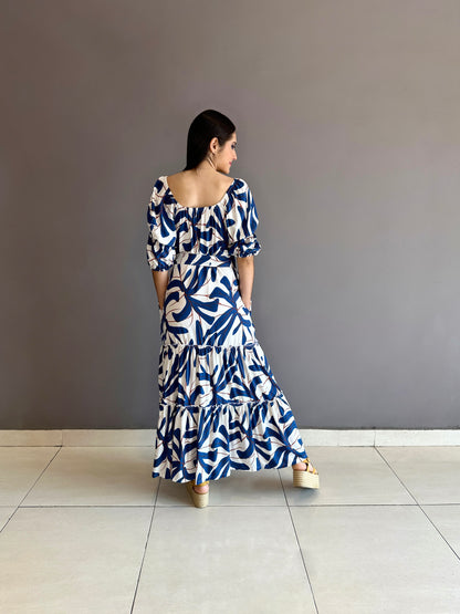 Vestido largo de boleros con escote resortado y cinturón estampado azul