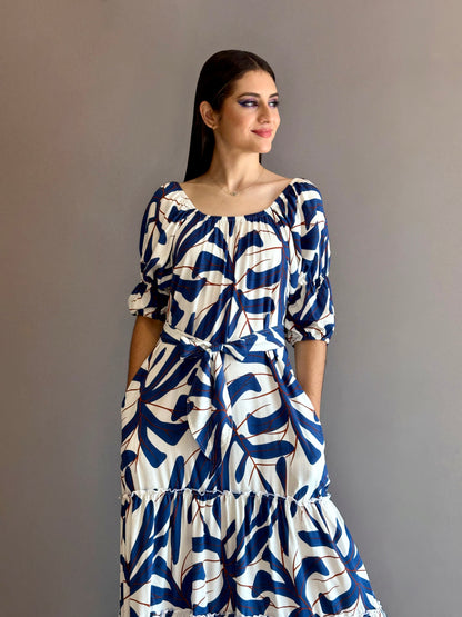 Vestido largo de boleros con escote resortado y cinturón estampado azul