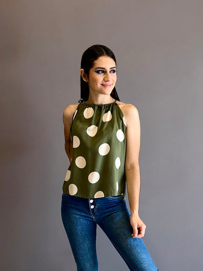 Blusa anudado hombro Verde oliva puntos Beige