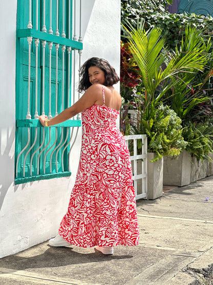 Vestido largo de tiras y boleros estampado rojo de flores