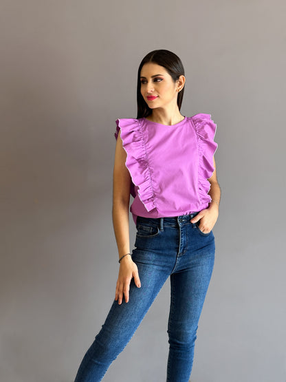 Blusa bolero diagonal color morado en popelina