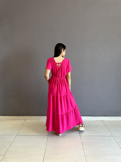 Vestido largo de boleros con escote cruzado color fucsia