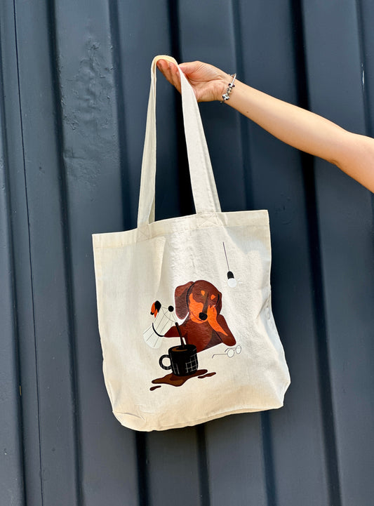 Totebag perro tomando café en lienzo