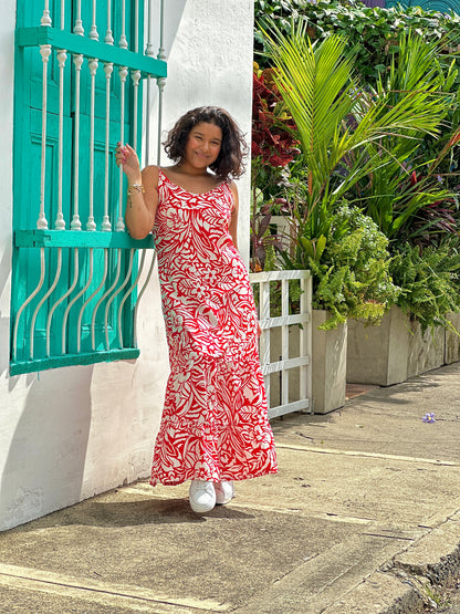 Vestido largo de tiras y boleros estampado rojo de flores