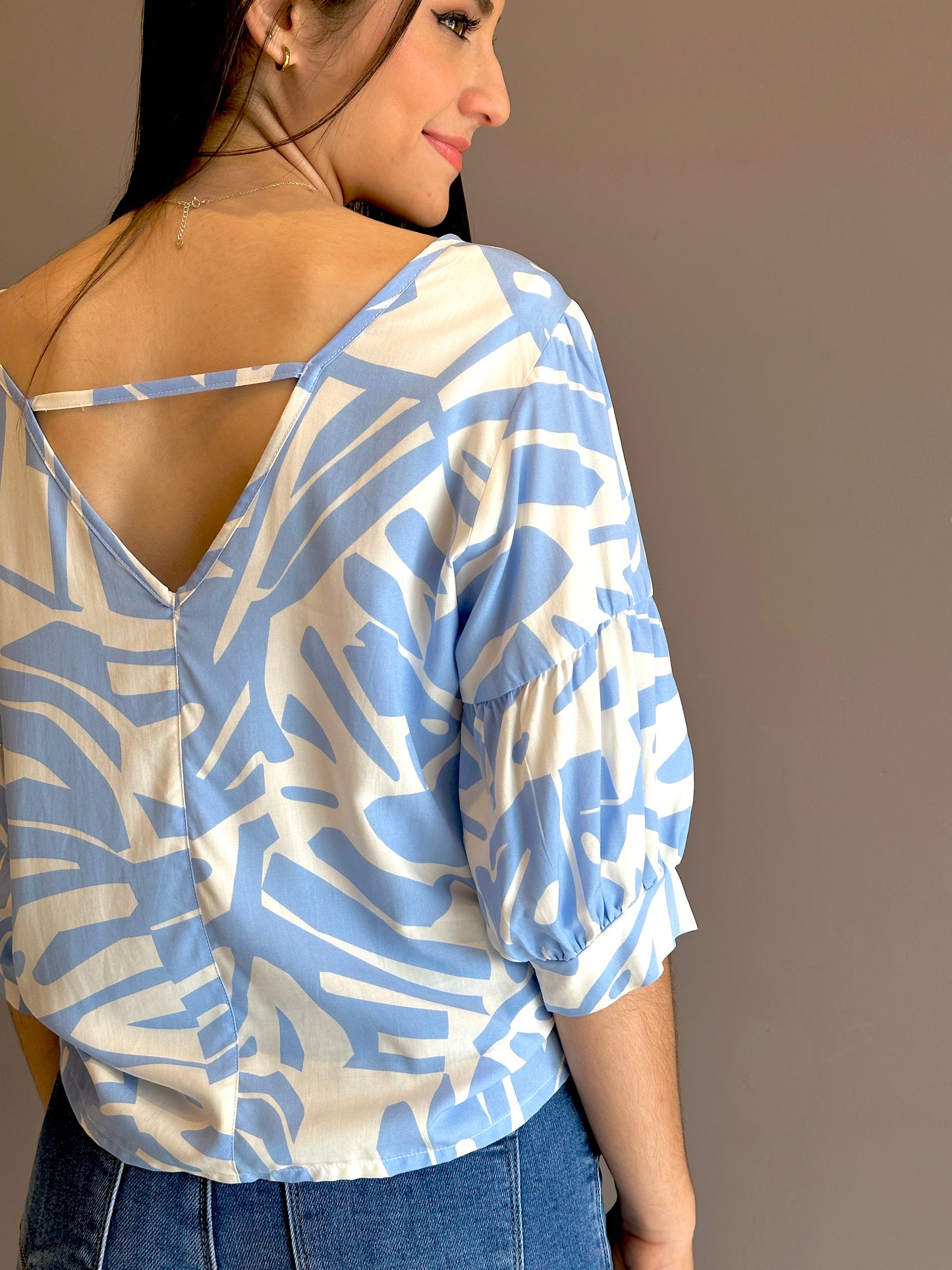 Blusa escote en V tira posterior manga con puño estampado azul cielo