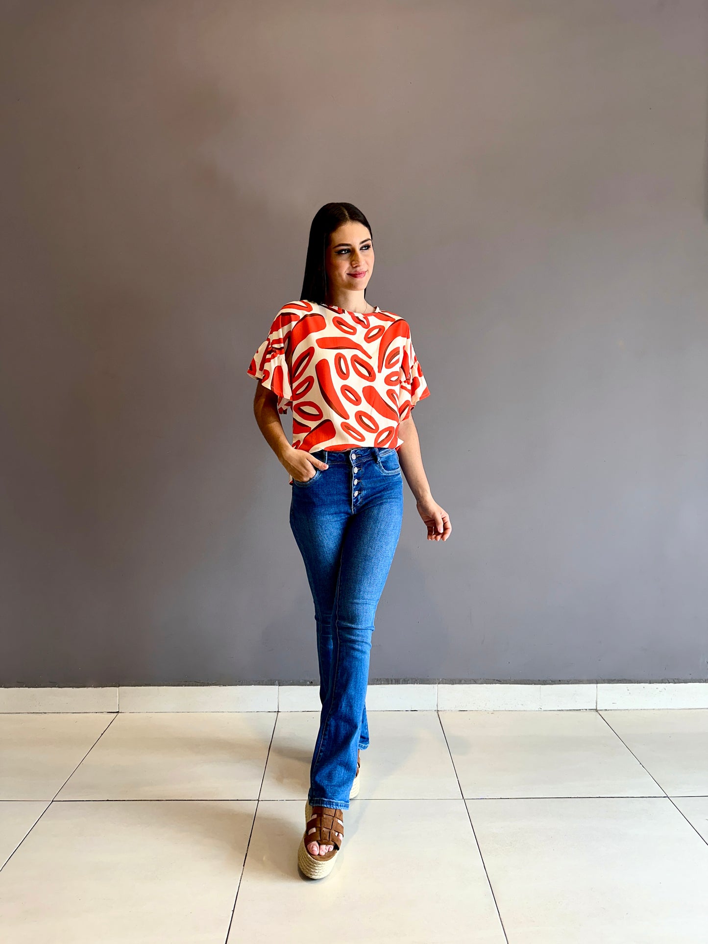 Blusa bolero manga roja estampada