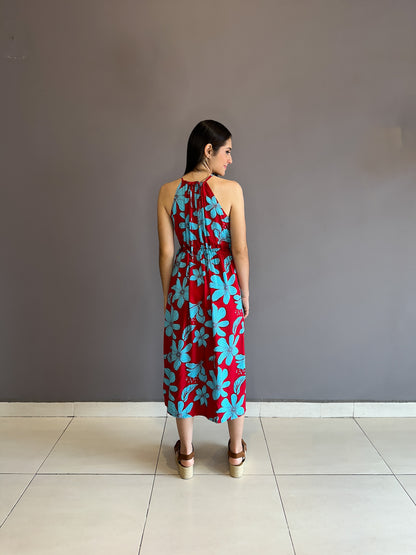 Vestido midi estampado floreado rojo azul cielo