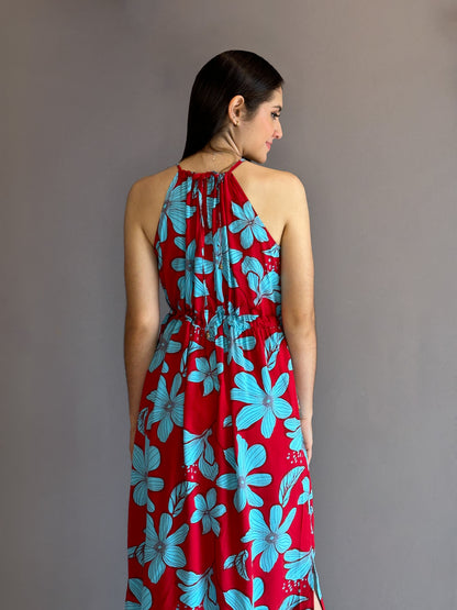 Vestido midi estampado floreado rojo azul cielo