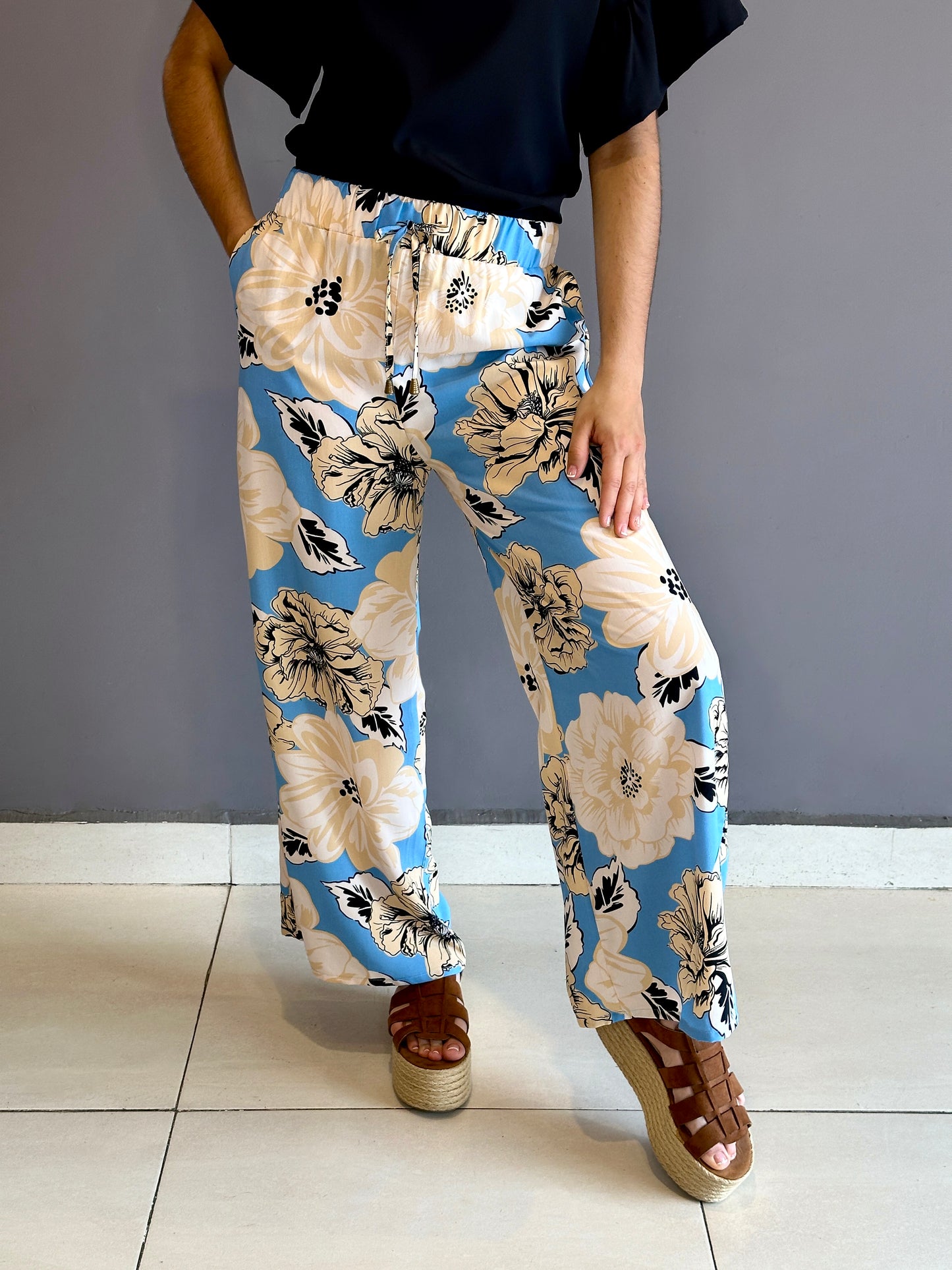 Pantalón palazzo estampado azul cielo flores